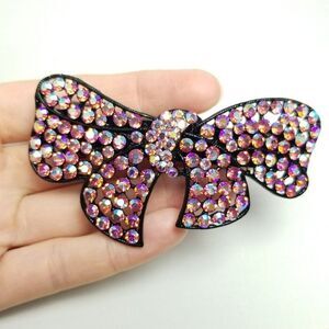Vintage Large Pink Rhinestone Bow Shape Hair Clip Barrette 80s 90s Style, Estate